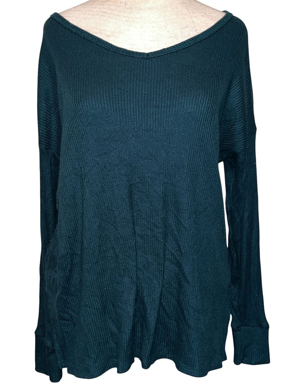 American Eagle Outfitters Dark Teal Ribbed V‑Neck Long Sleeve Top